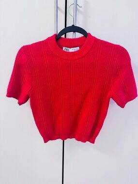 Zara Red Ribbed Knit Crewneck Sweater